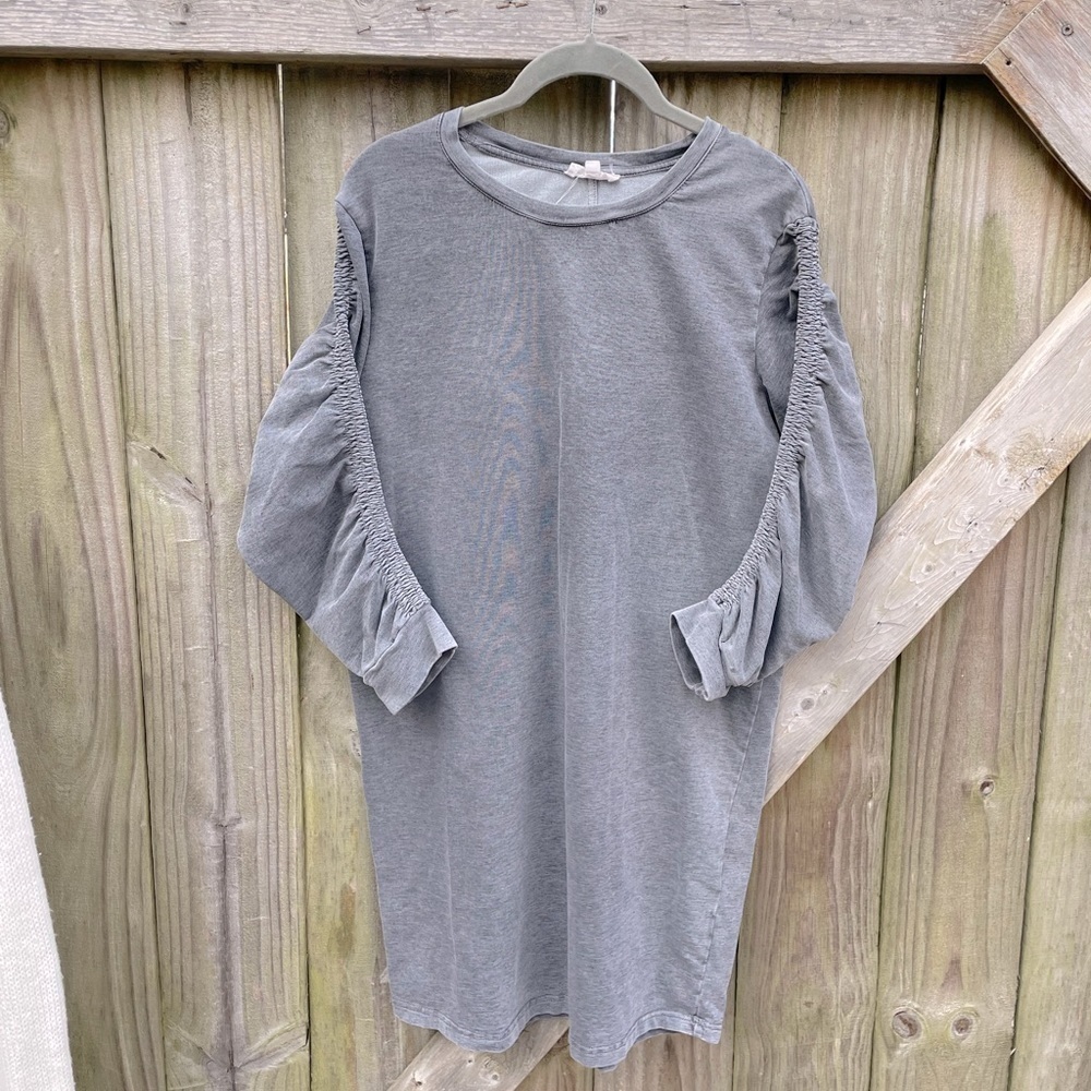 Jane & Delancey Grey Ruched Sleeve Stretchy Acid Wash Mini T Shirt Dress